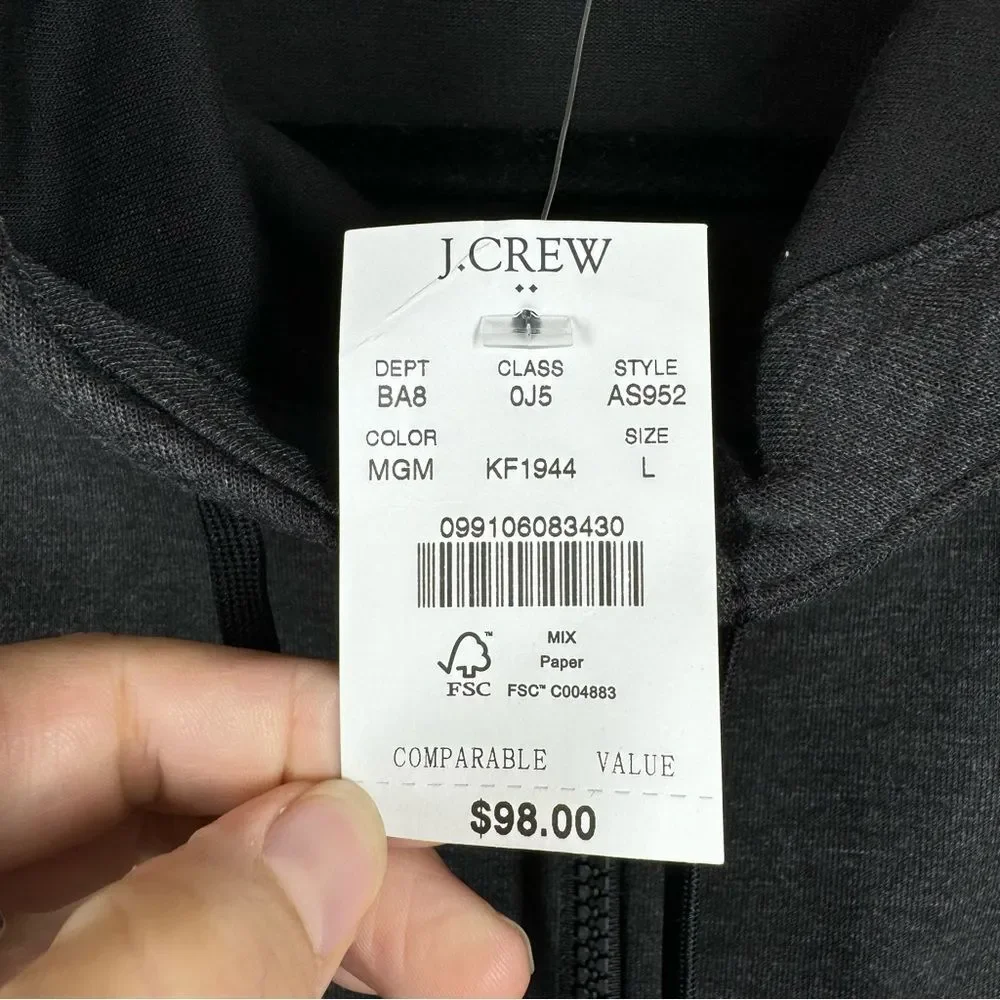 NWT J. Crew Performance Full Zip Hoodie Jacket Dark Gray Athleisure Large